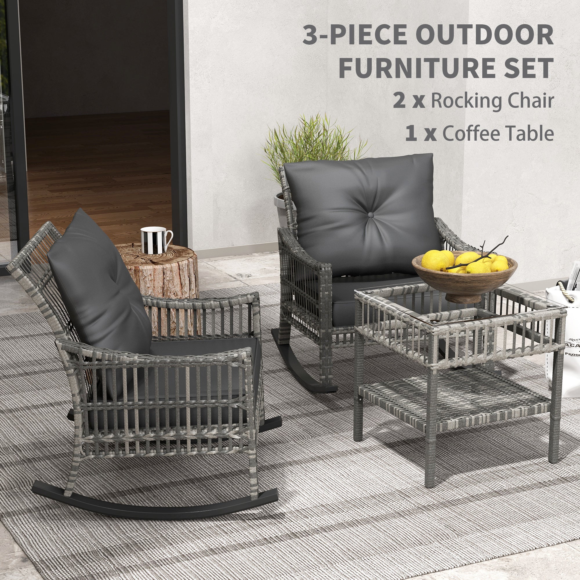 Outsunny 3 Pieces Outdoor PE Rattan Rocker Chair Set, Rocking Chair with Tempered Glass Table Top,25"x26"x28", Mixed Grey