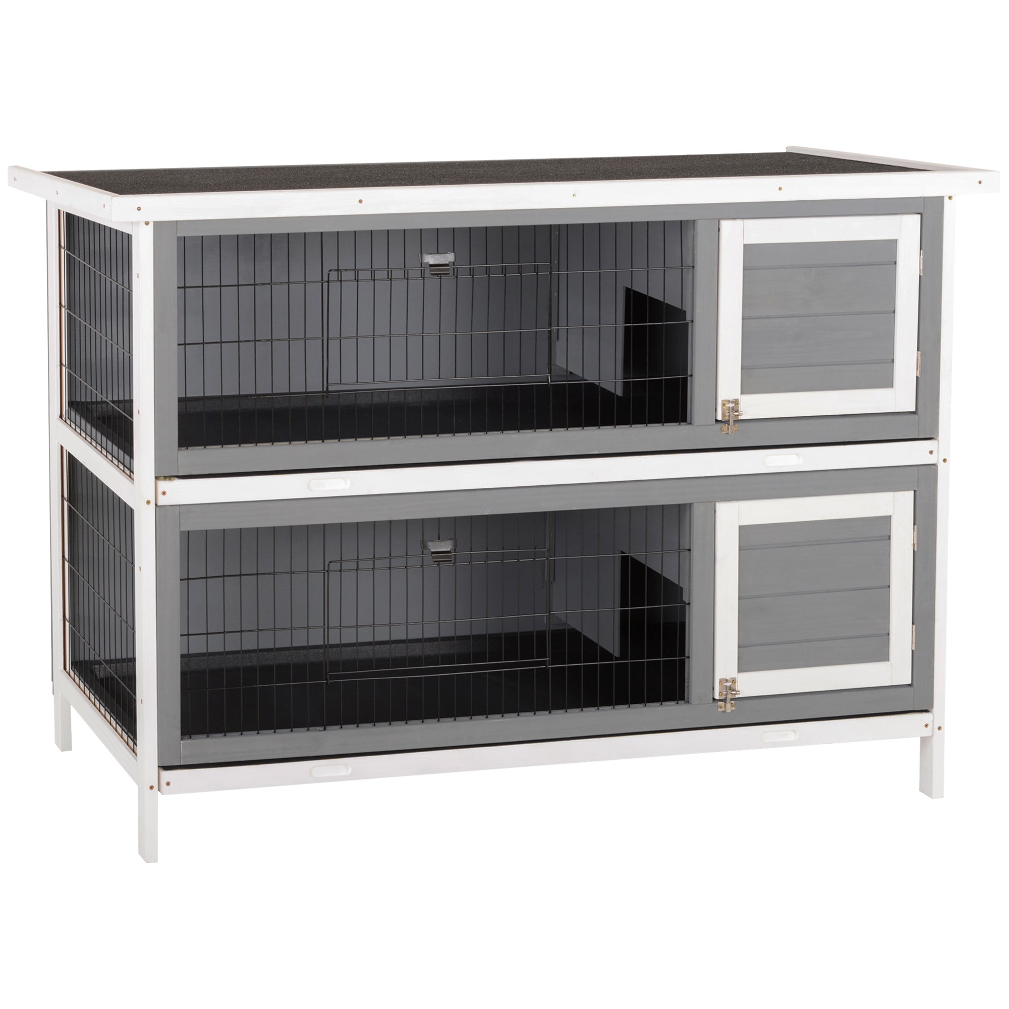 PawHut 2 Tier Wooden Rabbit Hutch Bunny Pet House Wooden Coop Run, Grey