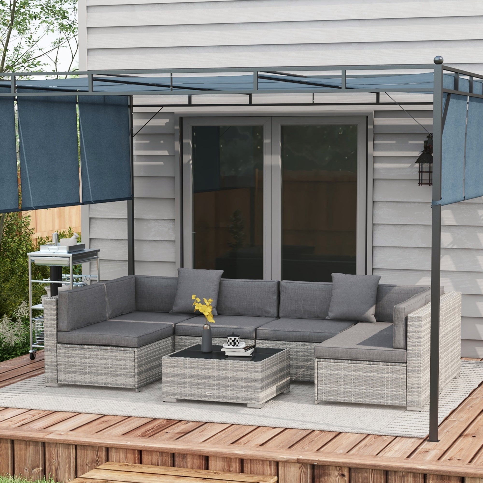 Outsunny 7pc Garden Wicker Sectional Set w/ Tea Table Patio Rattan Lounge Sofa Outdoor Deck Furniture Grey