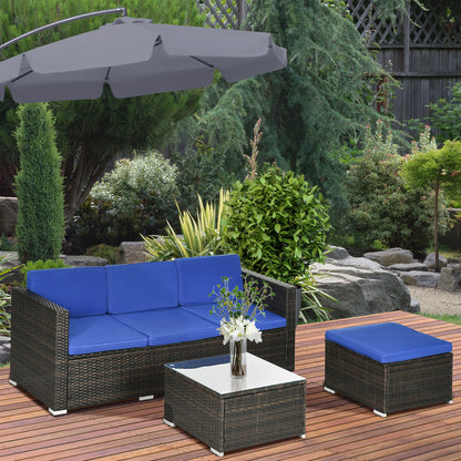 Outsunny 3 Pieces Patio Furniture Set with Cushions, Outdoor PE Rattan Wicker Conversation Corner Sofa Set with Glass Top Table and Adjustable Foot for Garden, Lawn, Blue