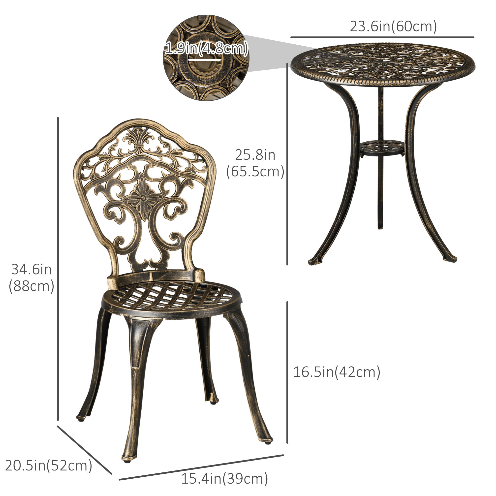 Outsunny Outdoor 3 Piece Garden Bistro Set, 2 Chairs and A Round Coffee Table with Parasol Hole for Balcony, Patio, Bronze