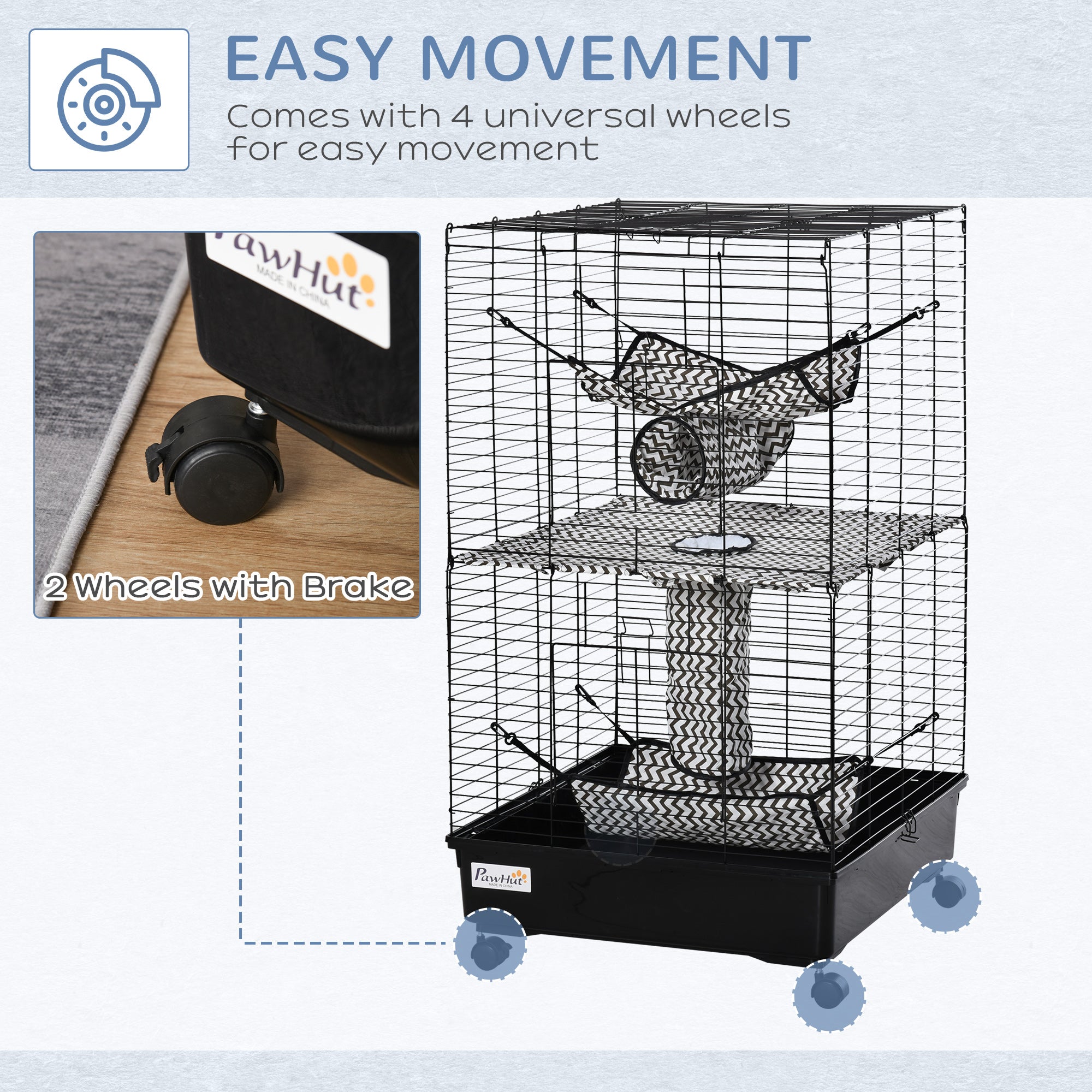 PawHut Small Animal Cage Ferret Cage with Wheels Hammocks Tunnels and 3 Doors Black
