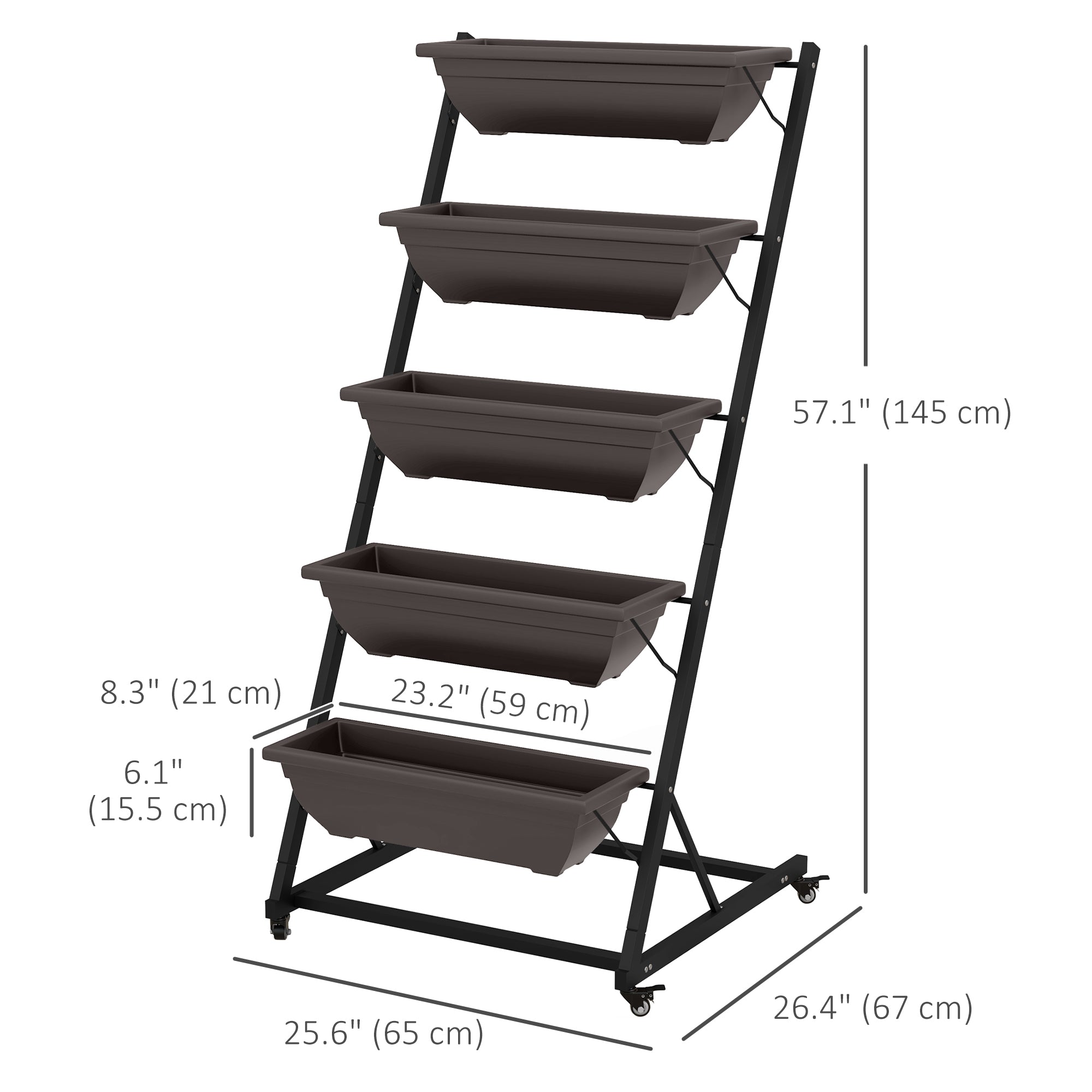 Outsunny 5-Tier Vertical Raised Garden Planter with 5 Boxes, Wheels, Outdoor Plant Stand for Vegetable Flowers, Brown