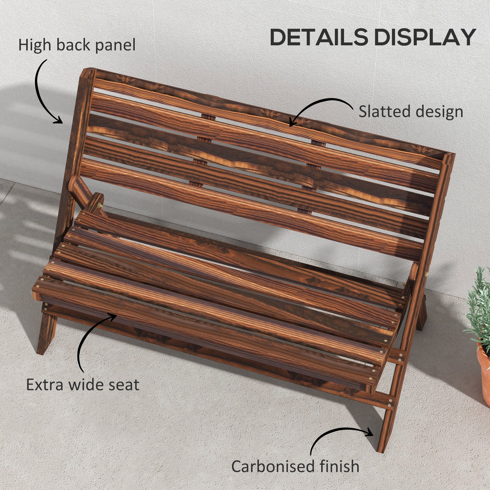 Outsunny 2-Seater Wooden Outdoor Bench, Foldable Garden Bench with Slatted Backrest and Seat, Patio Loveseat, Carbonised Finish