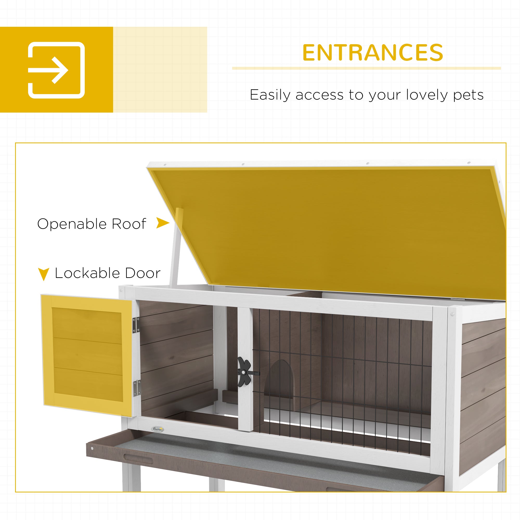 PawHut Wooden Rabbit Hutch with Openable Asphalt Roof, Tray, Brown