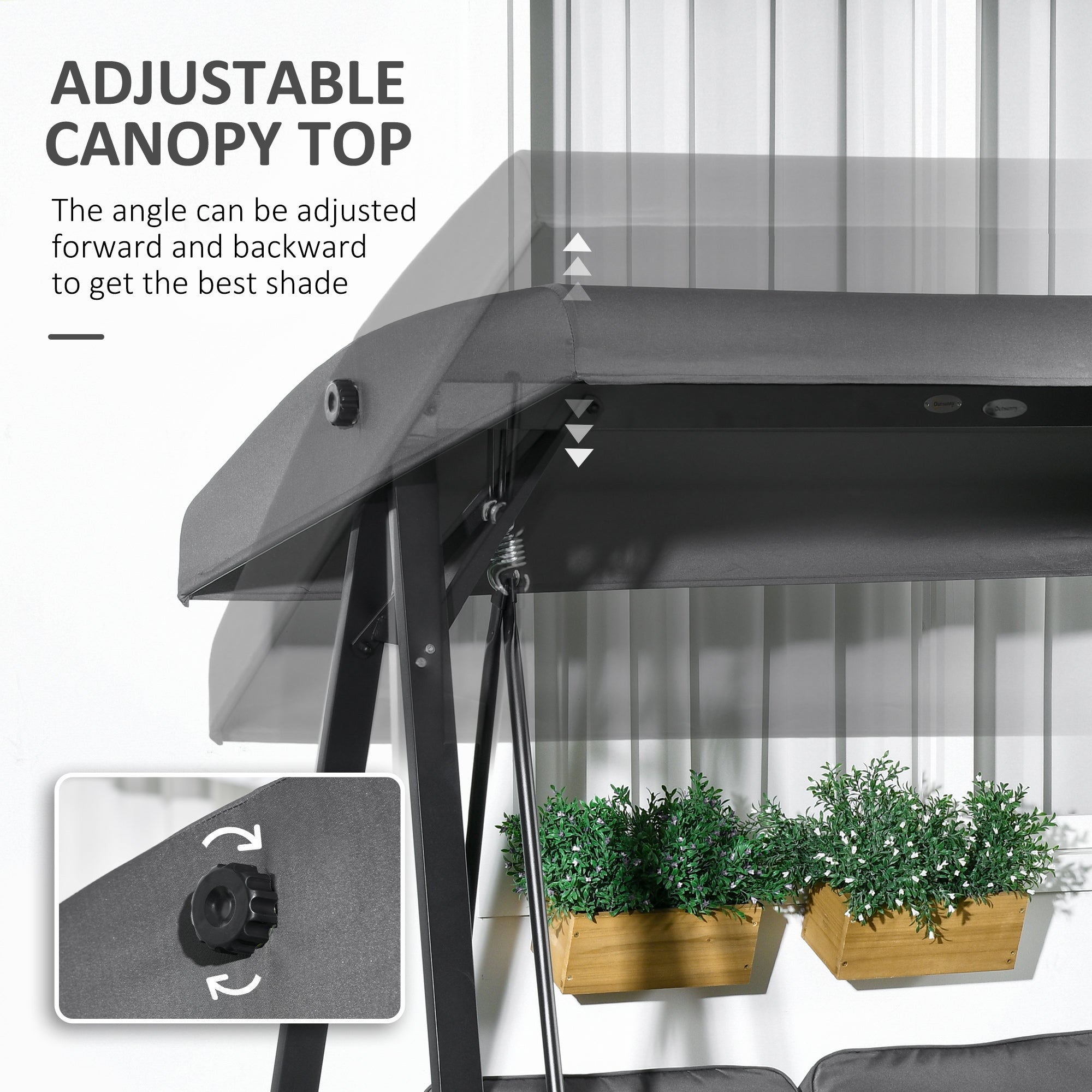 Outsunny 2-Seater Outdoor Porch Swing with Adjustable Canopy, Patio Swing Chair for Garden, Poolside, Backyard, Dark Grey