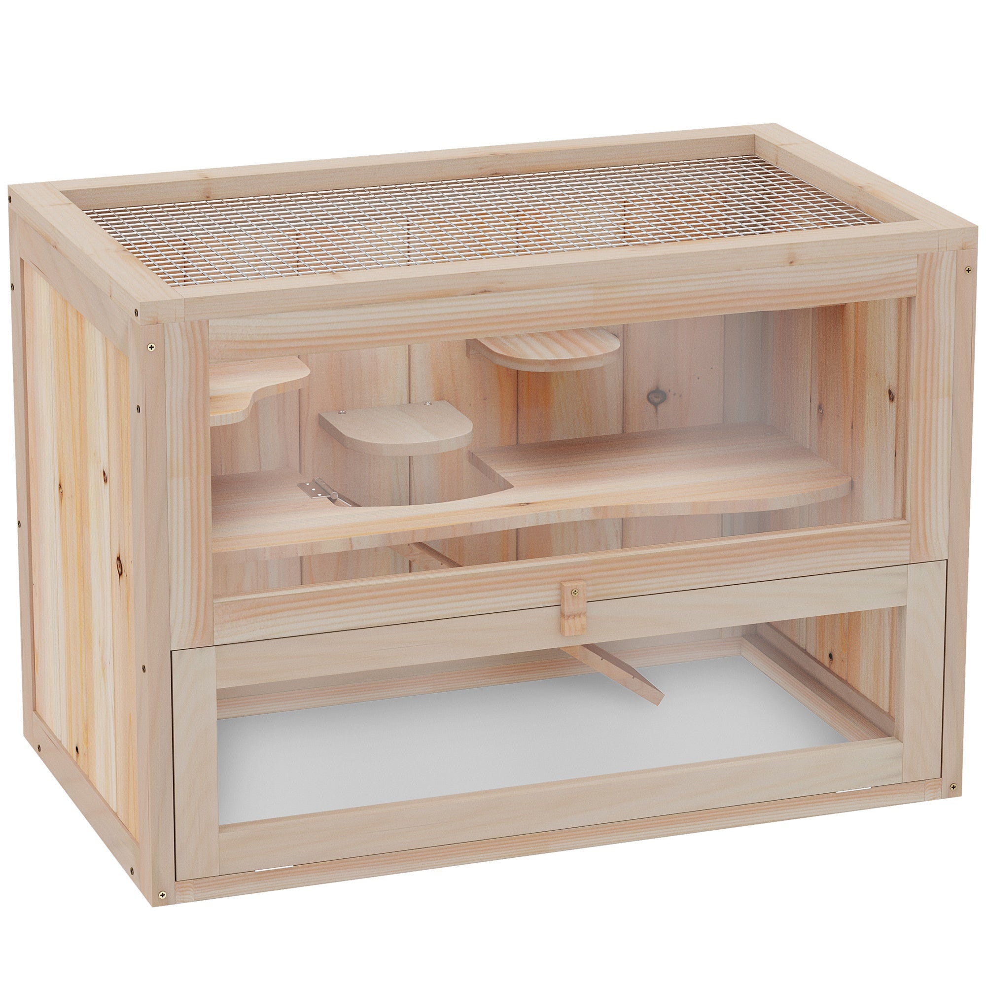 PawHut 24 Inch Hamster Cage, 2 Levels Small Animals Habitat Pet House with Openable Roof, Run Space, Platforms, Natural Wood