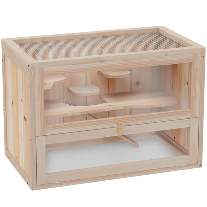 PawHut 24 Inch Hamster Cage, 2 Levels Small Animals Habitat Pet House with Openable Roof, Run Space, Platforms, Natural Wood