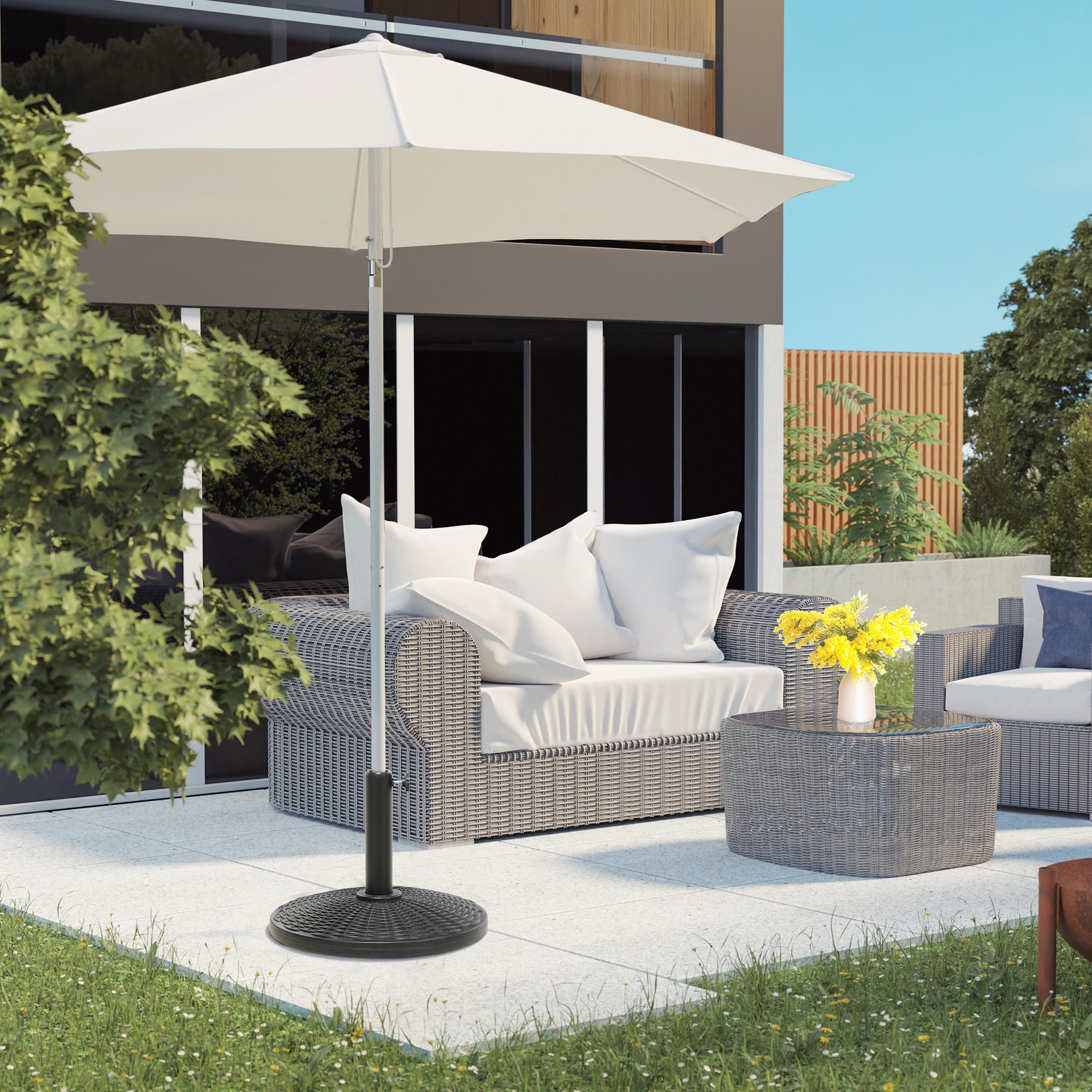 Outsunny 25 lbs Market Umbrella Base Holder 17.5" Round Parasol Stand with Rattan Design for Patio, Outdoor, Backyard, Black