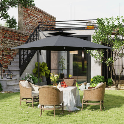 Outsunny 8' Cantilever Patio Umbrella with LED Lights, 360°Rotation, Tilt & Height Adjustment, Crank, Cross Base, Dark Grey