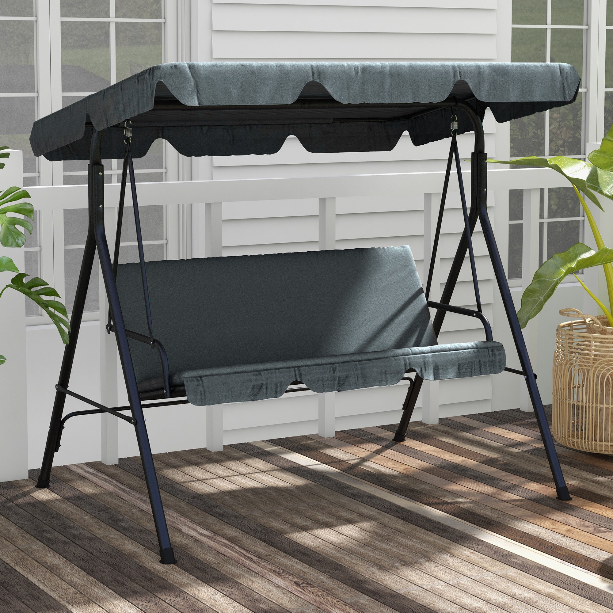 Outsunny 3-Seater Outdoor Porch Swing with Adjustable Canopy, Patio Swing Chair for Garden, Poolside, Backyard, Grey