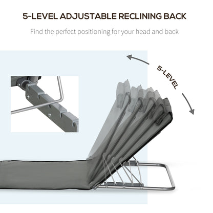 Outsunny Set of 2 Sun Lounger Beach Mat Folding Lounge Chair Mat with Adjustable Back Steel Frame Head Pillow Carry Bag Grey