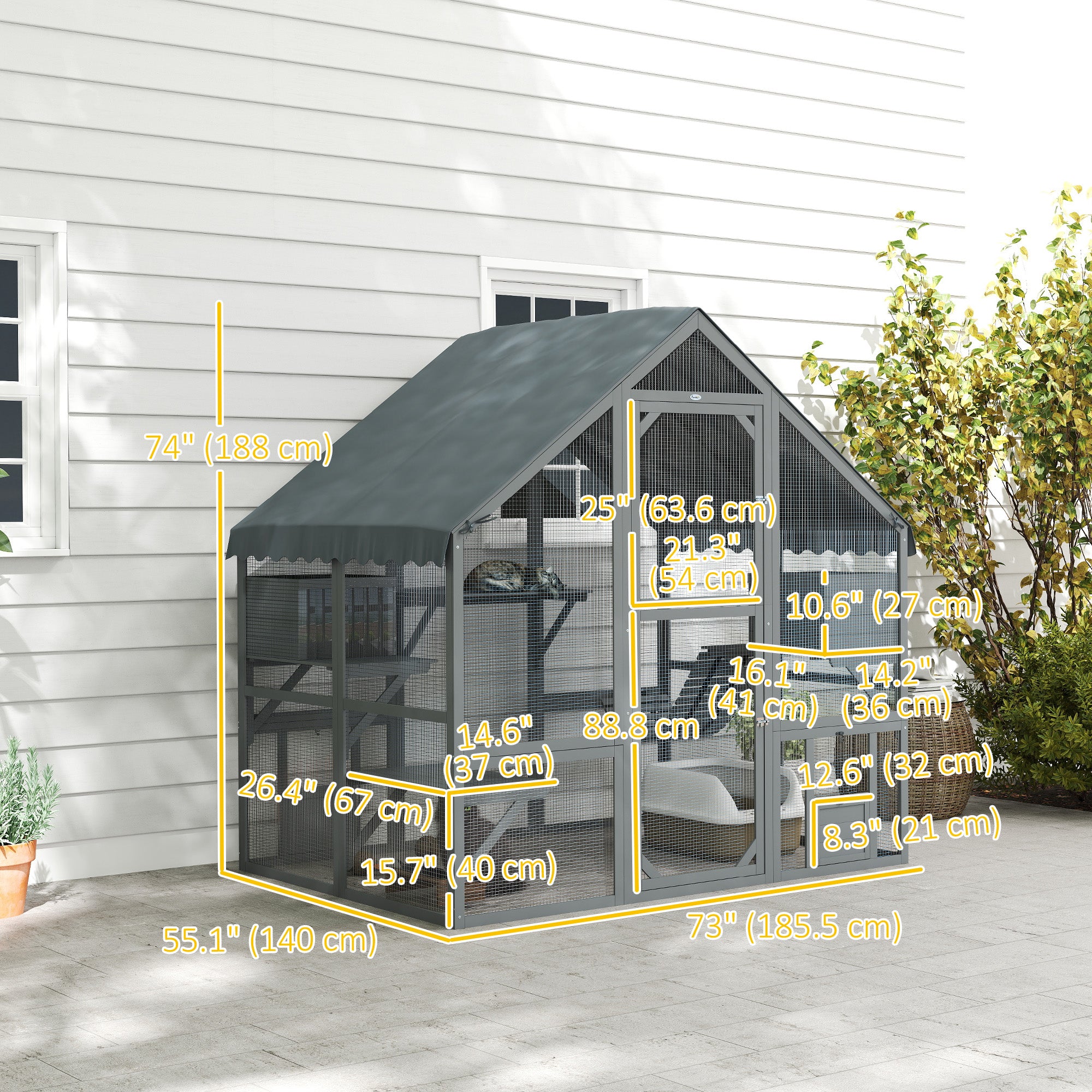 PawHut Large Catio Outdoor with Waterproof Cover, 2 Resting Boxes, 4 Platforms, Bridge, for 2-4 Kittens, Grey