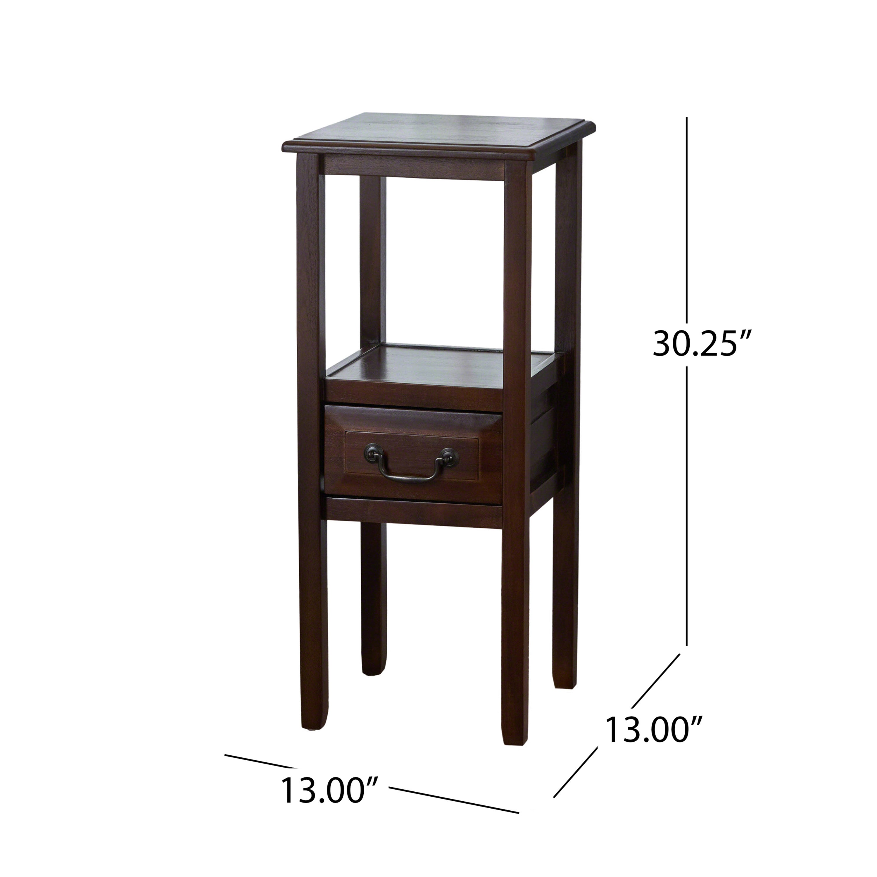 Insect-Proof Acacia Wood Accent Table with Smooth Walnut Finish, Reinforced Legs, for Living Room, Balcony, 13" L x 13" W x 30" H, Brown