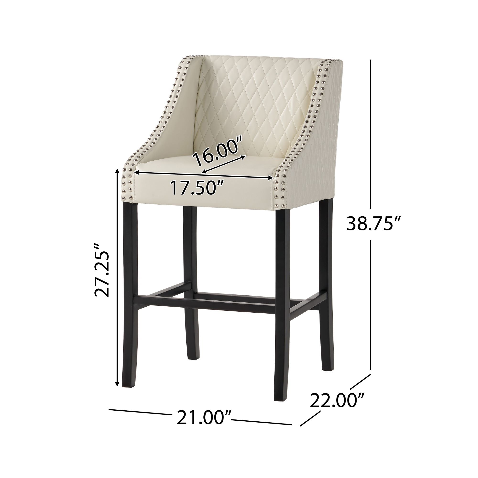 Elegant Barstool with Quilted Bonded Leather, Sturdy Wooden Legs, Curved Armrests, No Assembly Required, 21" L x 22" W x 38.5" H, Ivory