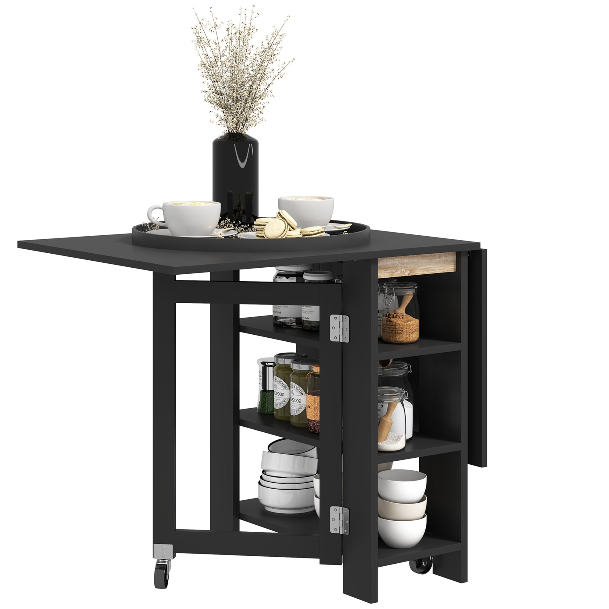 HOMCOM Folding Dining Table with Storage, Drop Leaf Kitchen Table for Small Spaces, Black