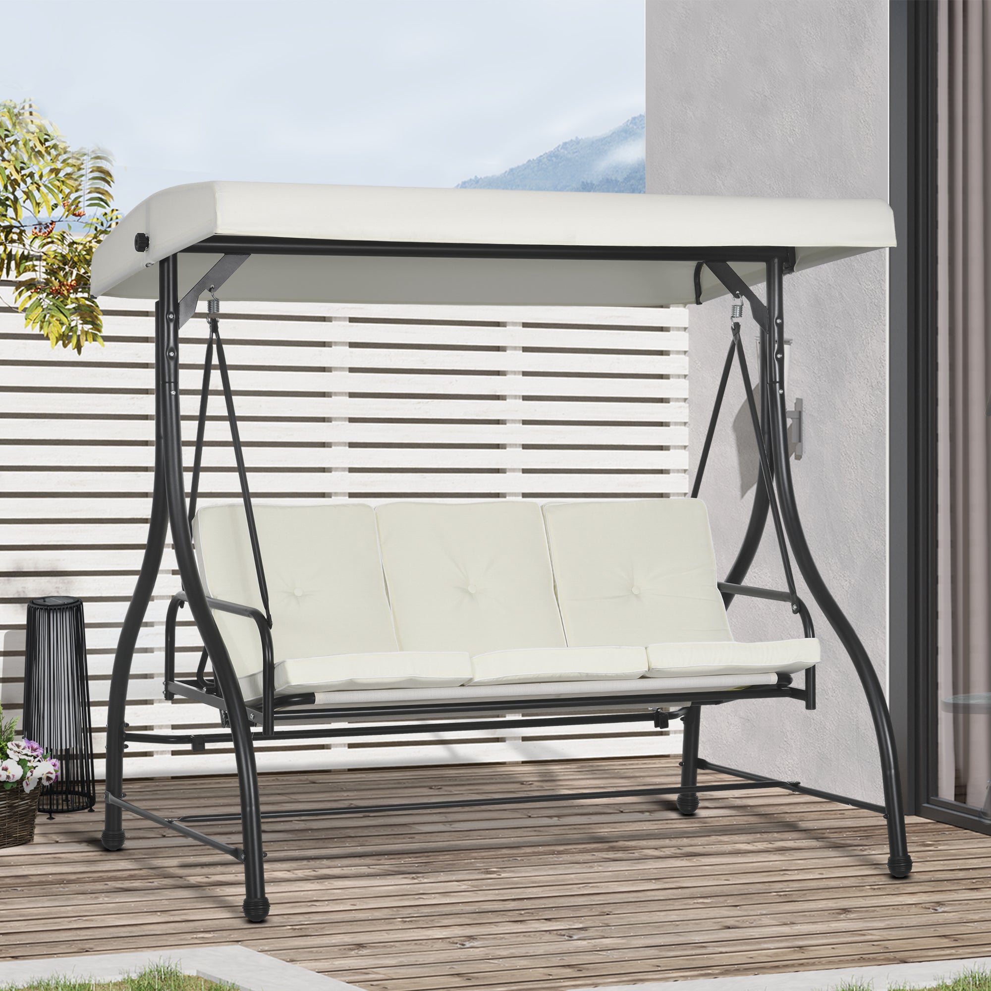 Outsunny Convertible Patio Swing Bed with Canopy and Cushions, 3 Seater Porch Swing for Outdoor, Backyard, Garden, Cream White