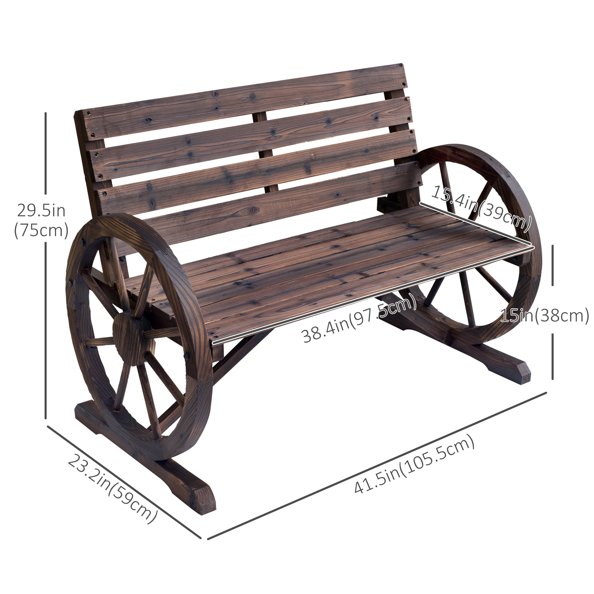Outsunny 42" Wood Wagon Wheel Bench Garden Loveseat Rustic Seat Relaxing Lounge Chair Outdoor Decorative Seat Park Decor, Brown