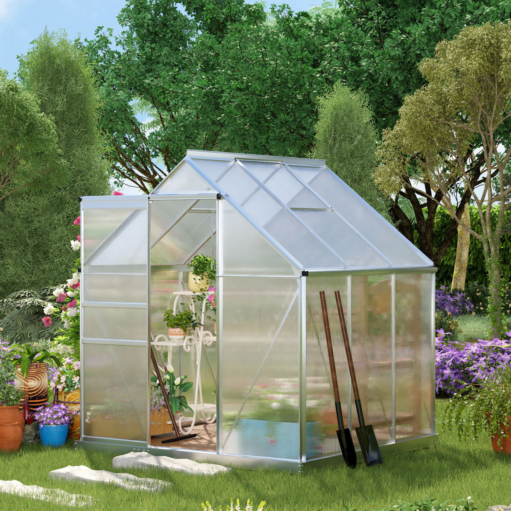 Outsunny 6' x 6' x 6.5' Polycarbonate Greenhouse, Walk-in Green House with Adjustable Roof Vent, Galvanized Base, Sliding Door and Rain Gutter for Outdoor, Garden, Backyard, Clear