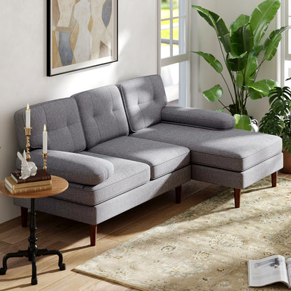 HOMCOM Modern Corner Couch with Right Chaise Lounge, Tufted 3-Seater Sofa with Wooden Legs for Living Room, Bedroom, Grey