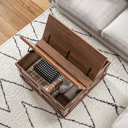HOMCOM Farmhouse Coffee Table, Square Center Table with Flip-top Lids, Hidden Storage Compartment, Brown