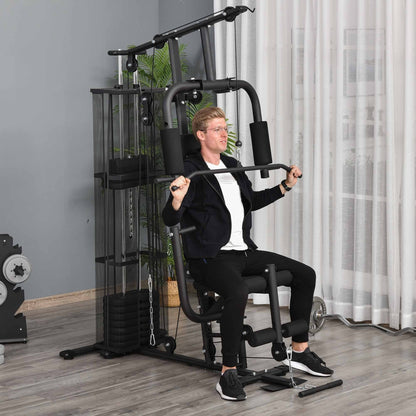 Soozier Home Gym, Multifunction Gym Equipment Workout Station with 100Lbs Weight Stack for Lat Pulldown, Leg Extensions, Preacher Bicep Curls, Triceps Pulldowns, Chest Press, Black