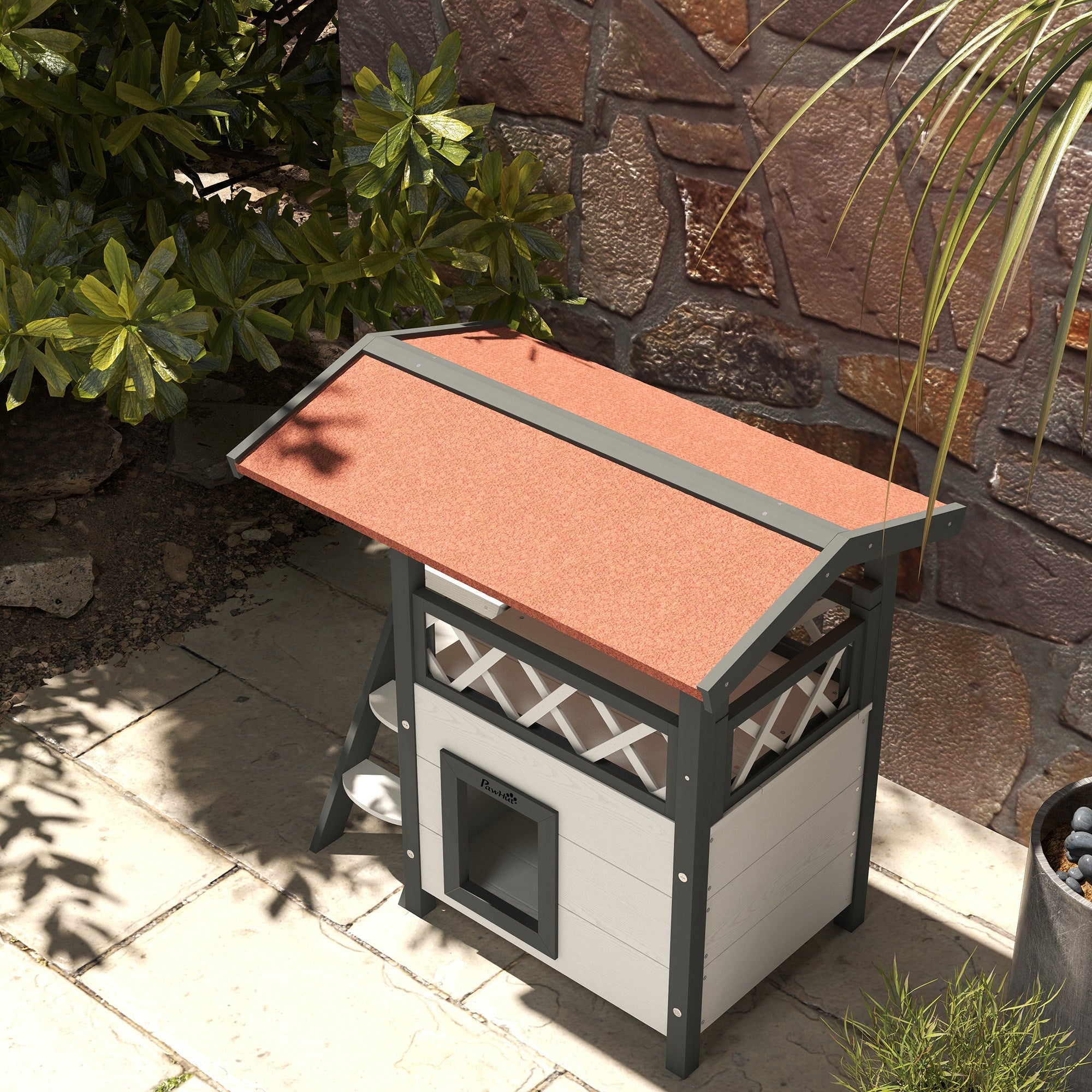 PawHut Wooden 2-Story Shelter for Feral Cats with Asphalt Roof, Stairs, Balcony, 30" x 20" x 29", White
