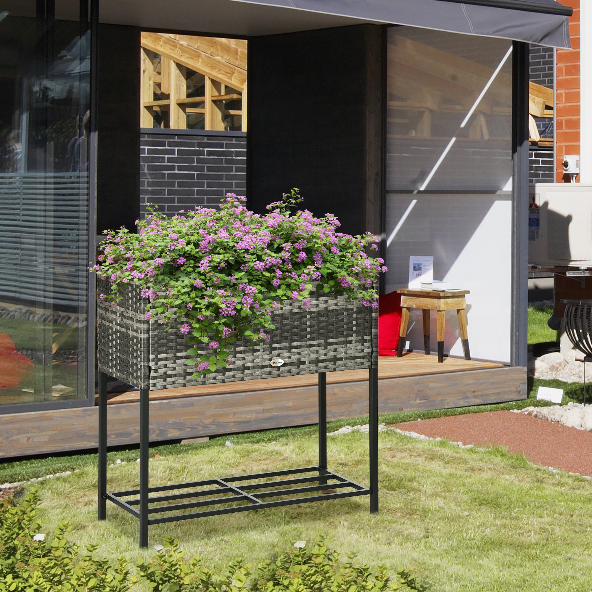 Outsunny Rattan Raised Garden Boxes, Elevated Flower Beds with Storage Shelf for Herbs, Flowers, Vegetables, Mixed Grey