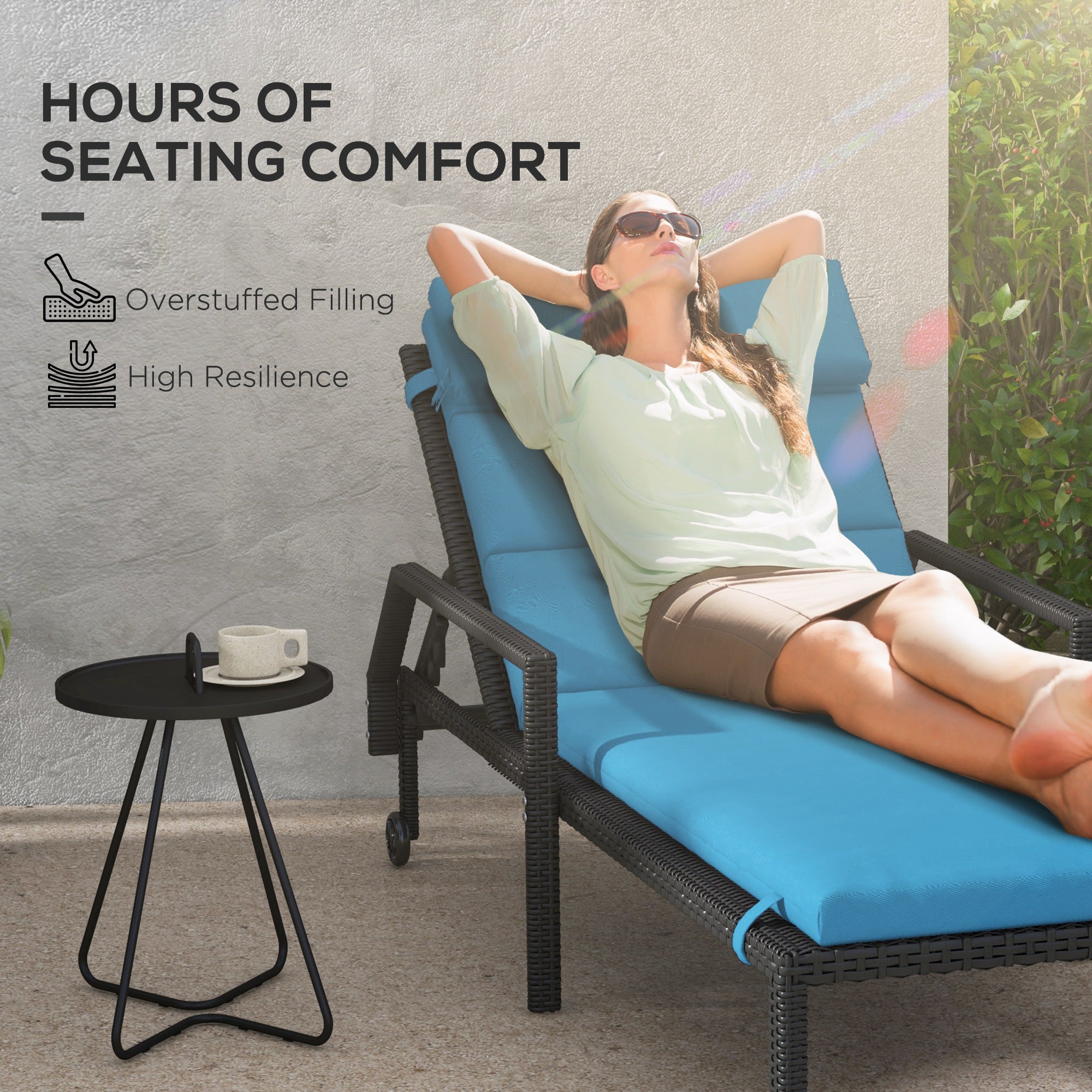 Outsunny Patio Chaise Lounge Chair Cushion Replacement Sun Lounger Pads with Headrest and Ties, Turquoise