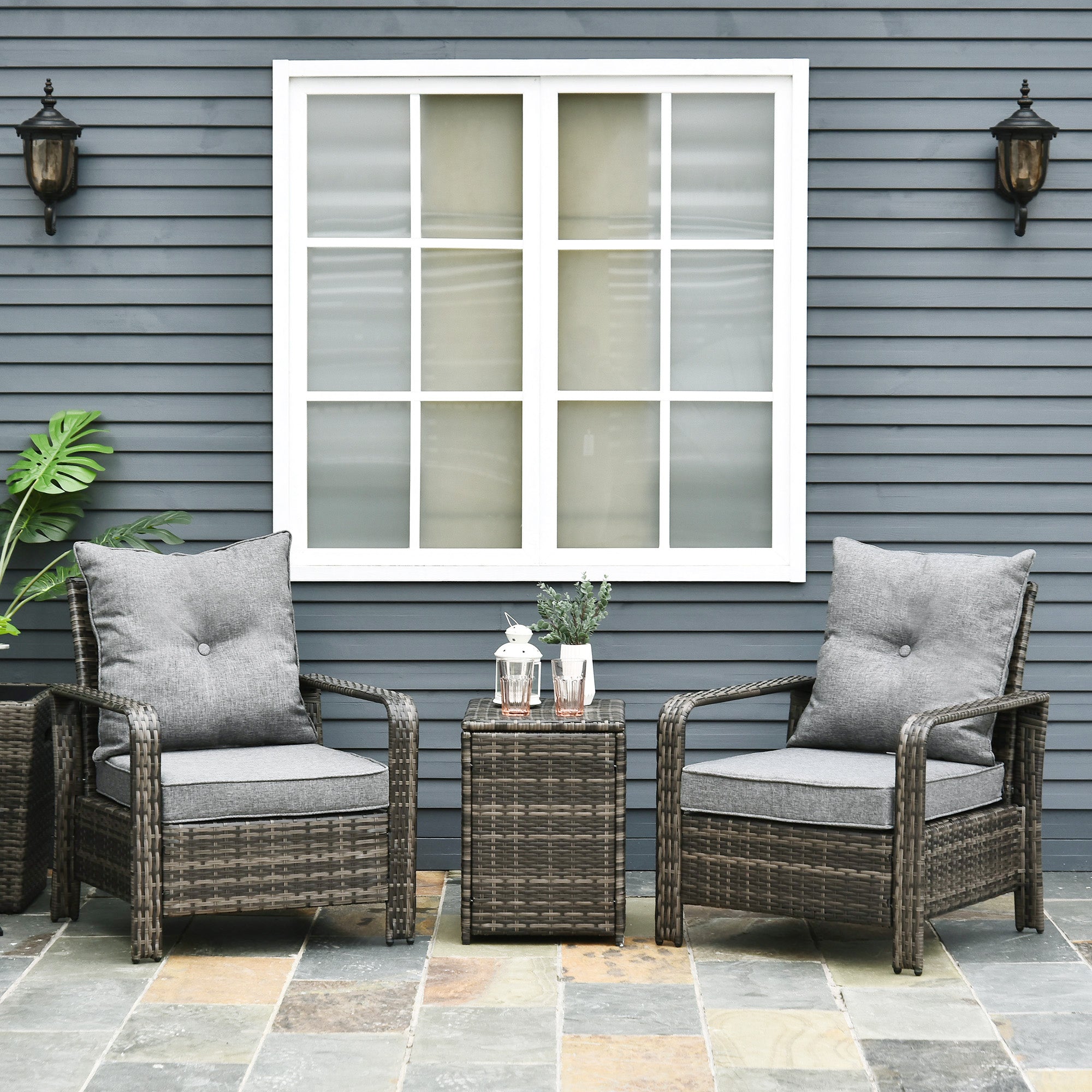 Outsunny 3 Pieces Wicker Patio Furniture Set, Rattan Bistro Set with Storage Coffee Table and Thickened Cushions, Outdoor Conversation Set for Garden, Porch, Balcony, Grey