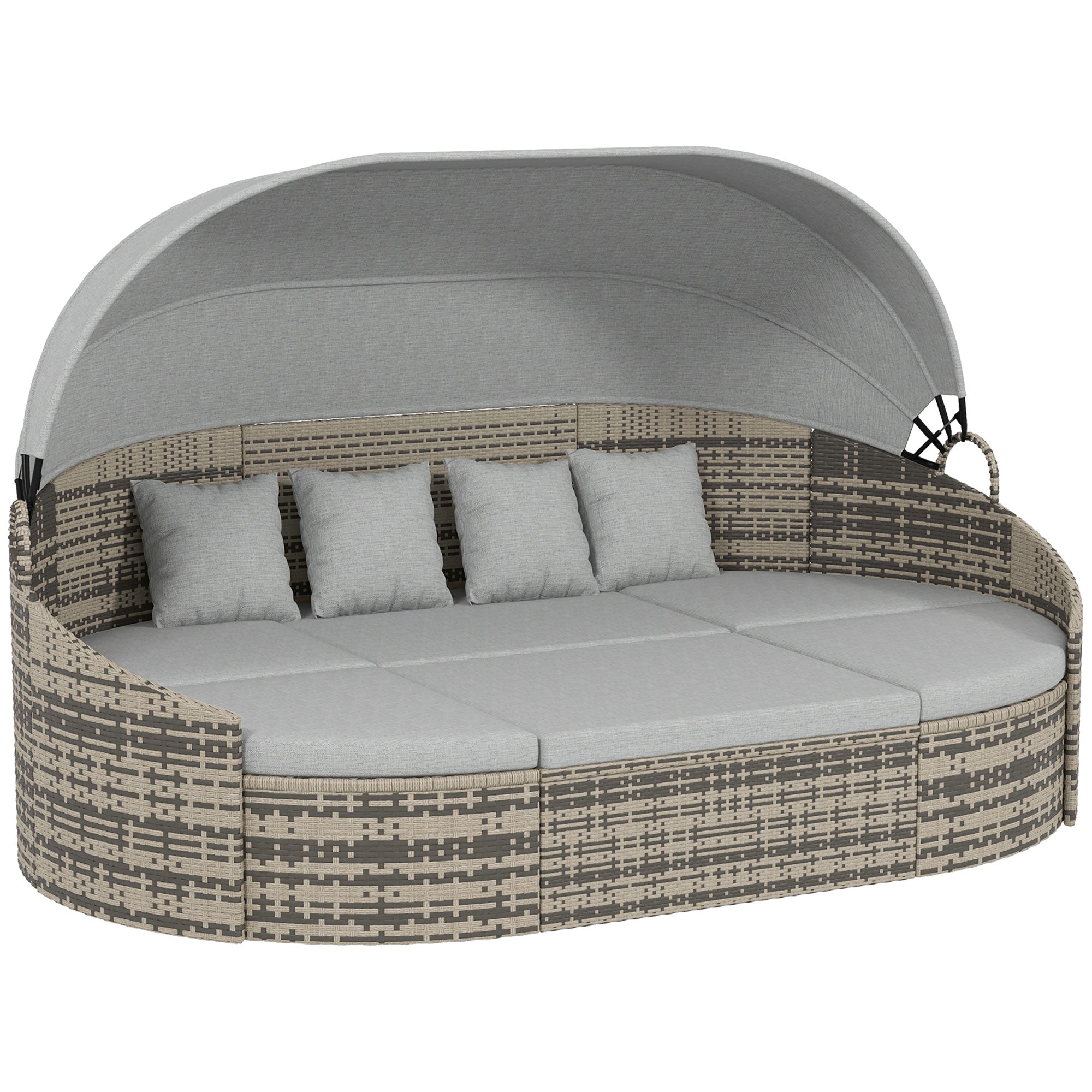 Outsunny 4 Pieces Patio PE Wicker Round Daybed, Outdoor Rattan Garden Lounge Furniture Sets, Light Grey