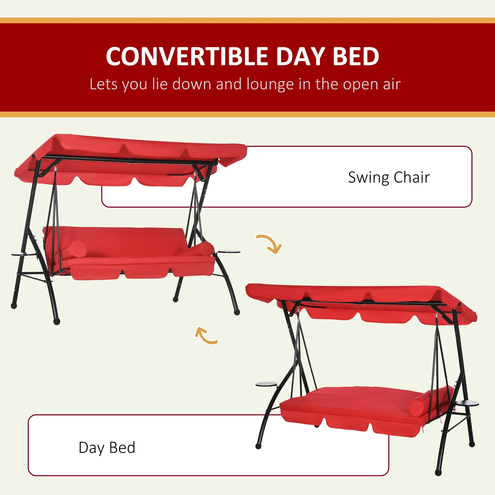 Outsunny 3-Seat Outdoor Patio Swing Chair, Converting Flat Bed, Canopy Swing Glider w/ Adjustable Shade, Removable Cushion and Pillows for Porch, Garden, Poolside, Backyard