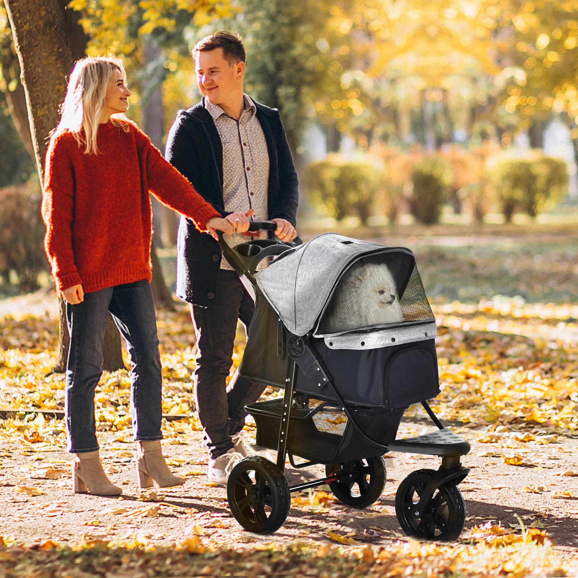 PawHut 3 Wheel Folding Dog Stroller, Jogger Travel Carrier with Adjustable Canopy, Storage Brake, Mesh Window for S&M Dogs Grey