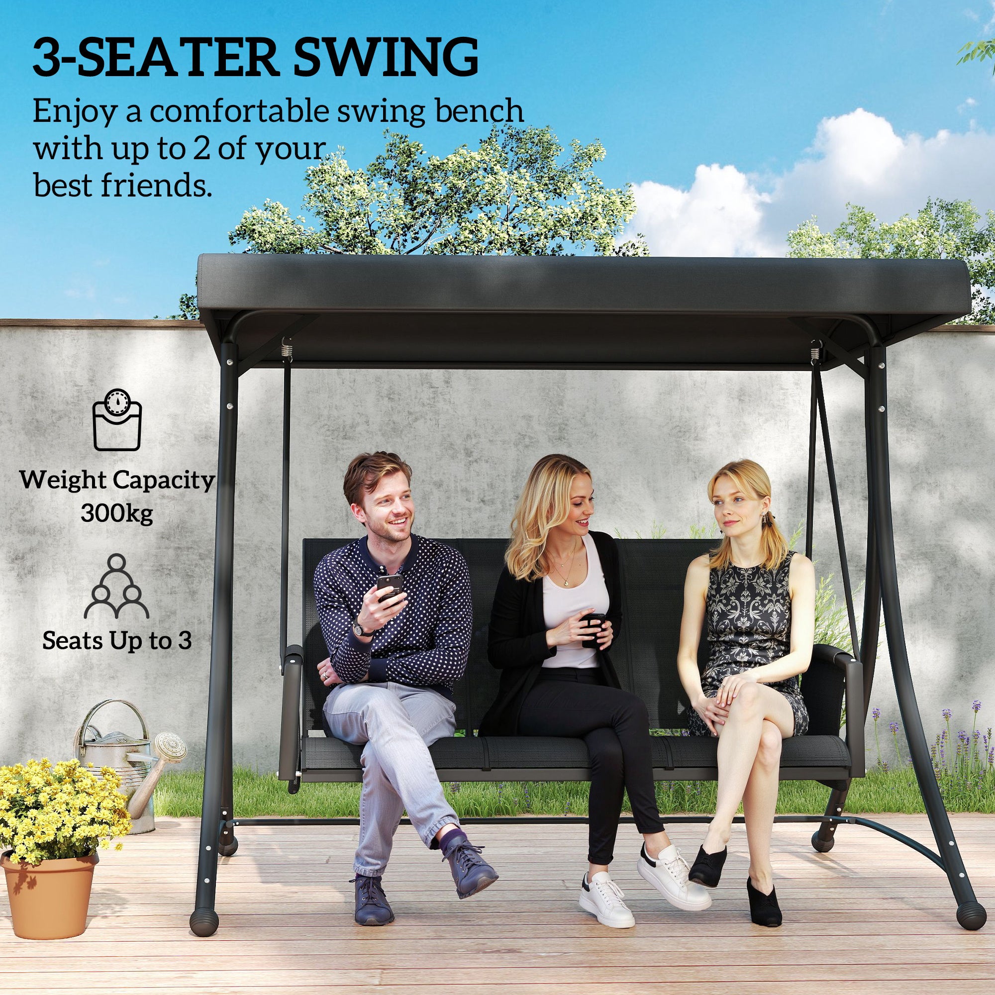 Outsunny 3 Person Outdoor Porch Swing Chair with Adjustable Canopy, Black