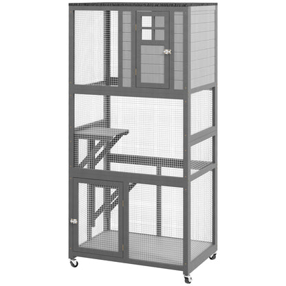 PawHut 74" Wooden Outdoor Cat House Weatherproof & Wheeled with High Weight Capacity, Kitten Cage Condo, Light Grey