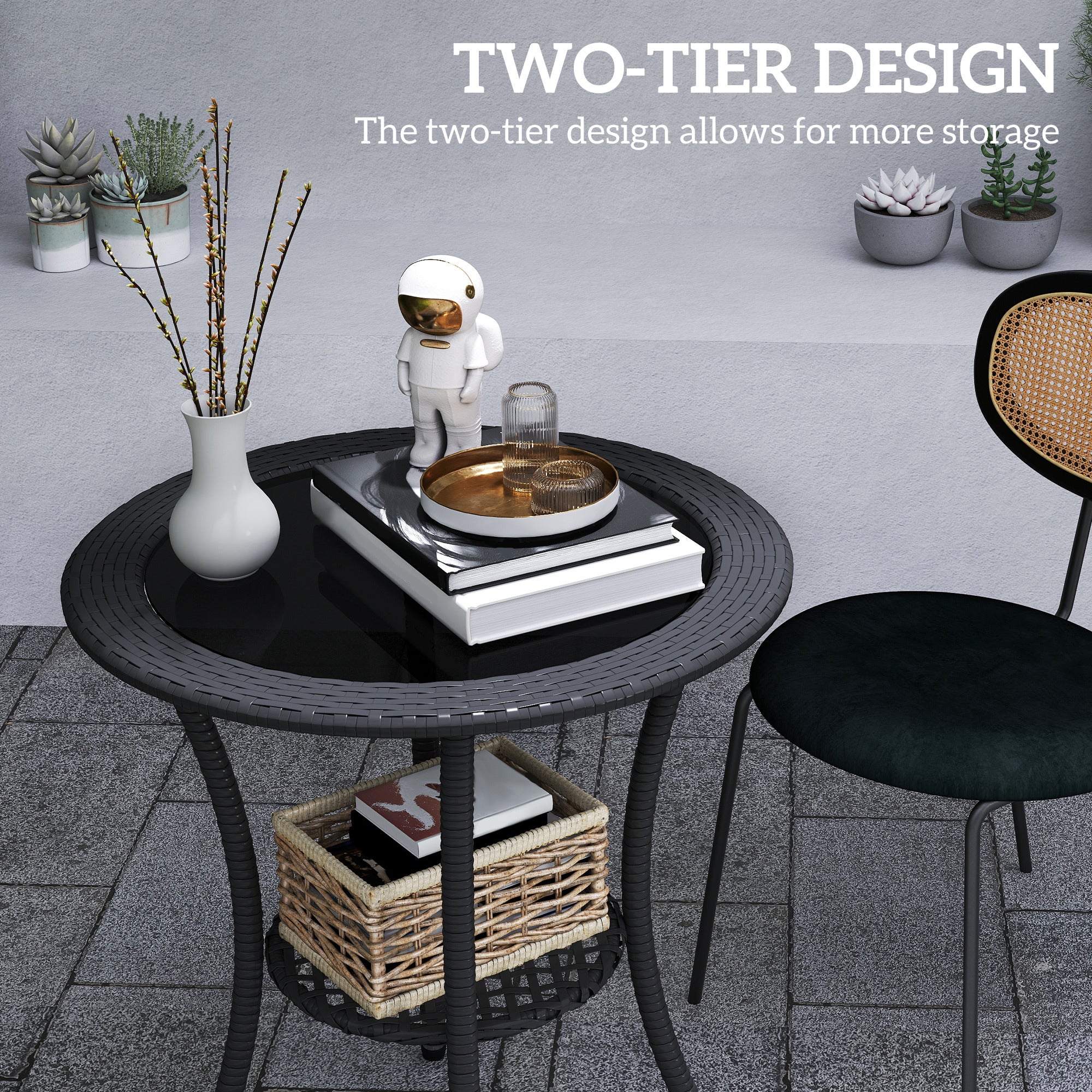 Outsunny Outdoor Rattan Dining Table, Patio Wicker Round Coffee Table with 2-Tier Storage Shelf, Black