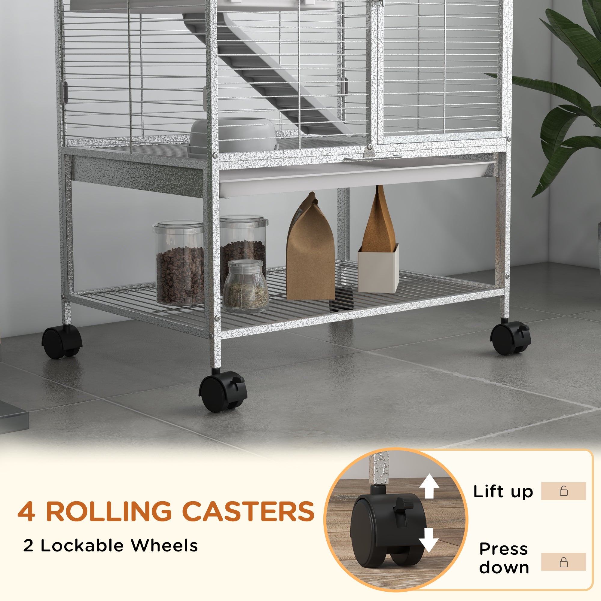 PawHut Rolling Small Animal Cage 34"H Chinchilla Cage for Ferrets, Squirrels w/ Removable Tray, Storage Shelf, Black