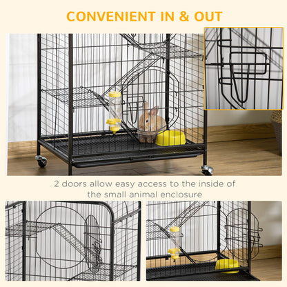 PawHut Rolling Small Animal Cage 36.6" Pet Rabbit Ferret Playpen, Animal Supply Kit Metal Black for Bunny, Pet Mink, Chinchilla