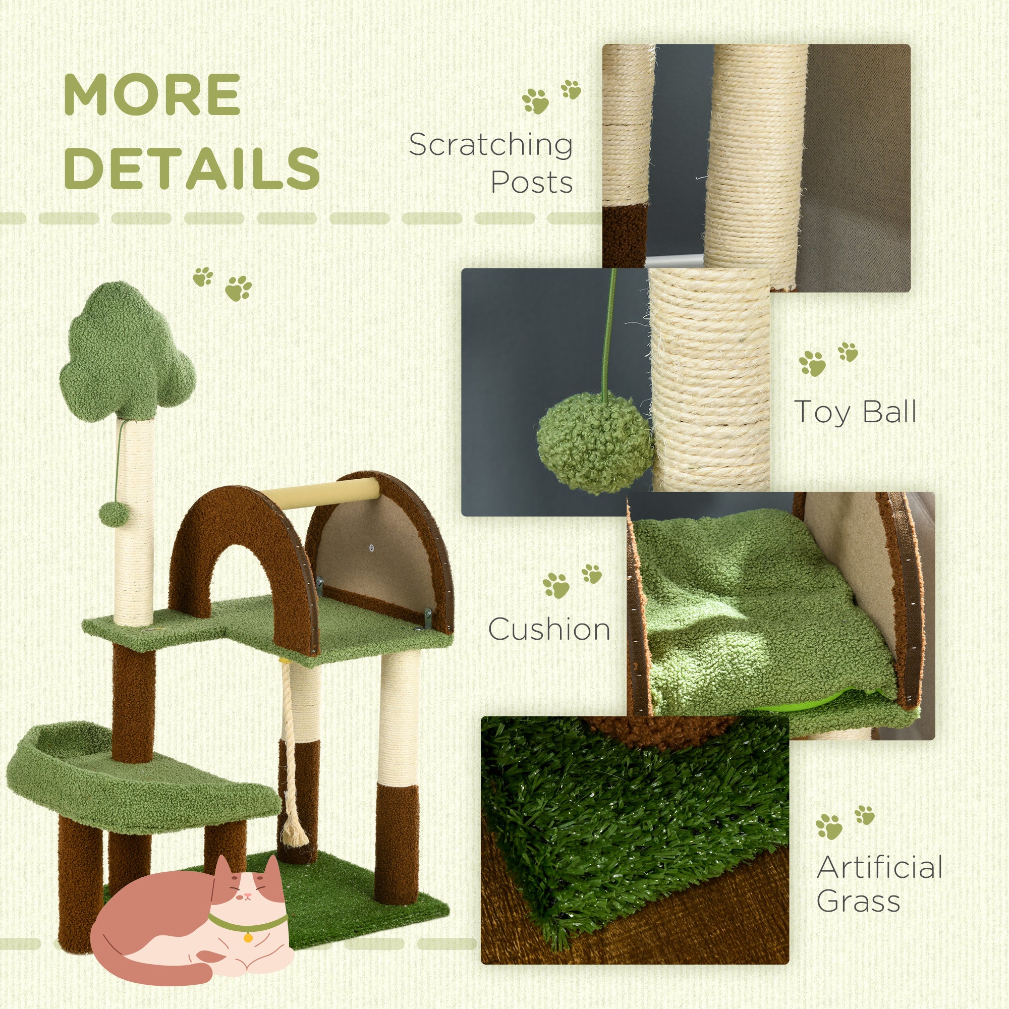 PawHut 42" Cat Tree with Scratching Posts, Cat Tower for Indoor Cats with Bed, House, Toy, Forest Themed, Green