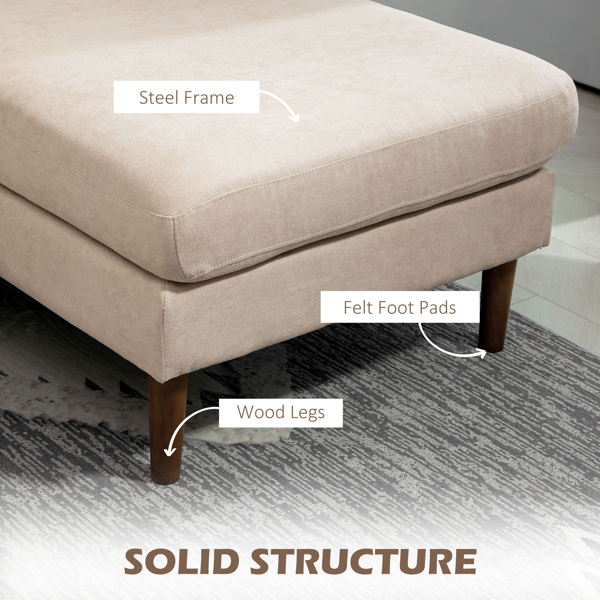 HOMCOM U Shape Couch with Double Chaise Lounge, Modern 4 Seater Sofa with Wooden Legs, Fabric Sofa for Living Room, Beige