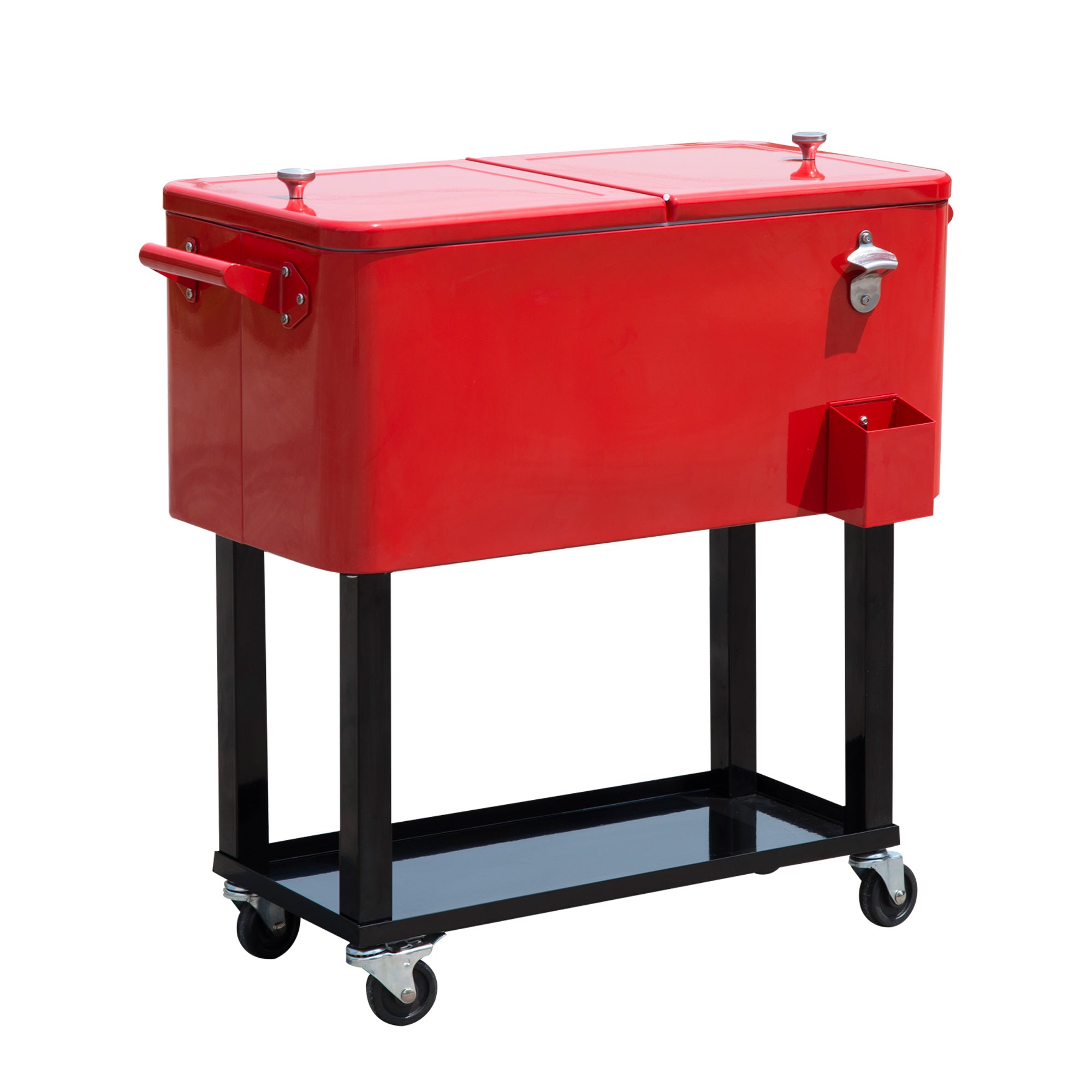 Outsunny 80 Quart Rolling Cooler Cart Portable Patio Ice Beer Beverage Cooling Bin for Outdoor Party w/ Bottle Opener & Storage Shelf Red