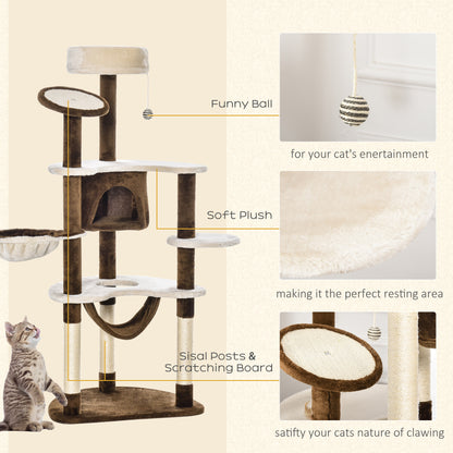 PawHut 60" Cat Scratching Tree, Cat Bed Condo Post House Pet Furniture Toys-Brown & Tan