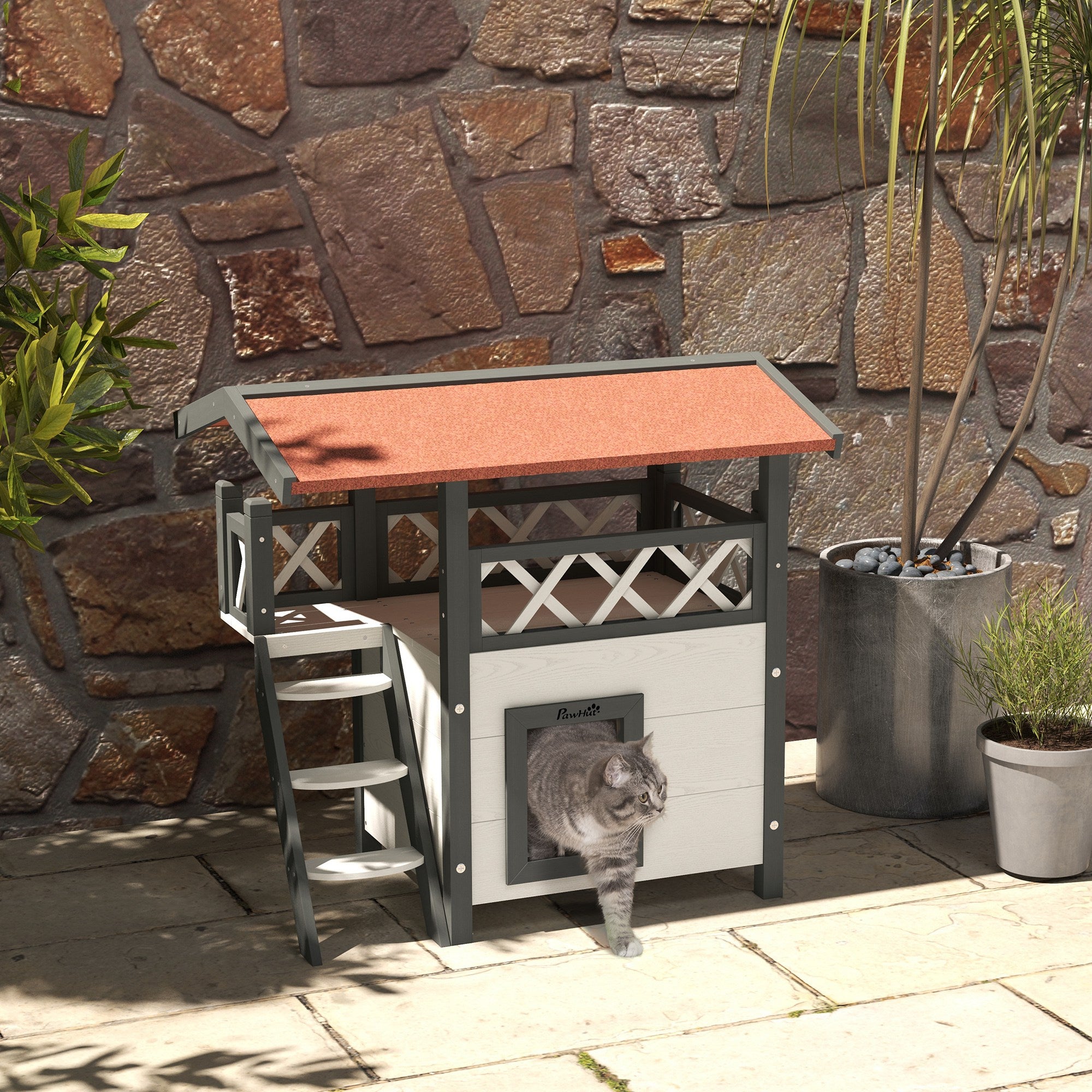 PawHut Wooden 2-Story Shelter for Feral Cats with Asphalt Roof, Stairs, Balcony, 30" x 20" x 29", White