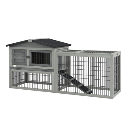 PawHut Wood Rabbit Hutch w/ Ramp, Openable Roof, Pull-out Tray, Light Grey
