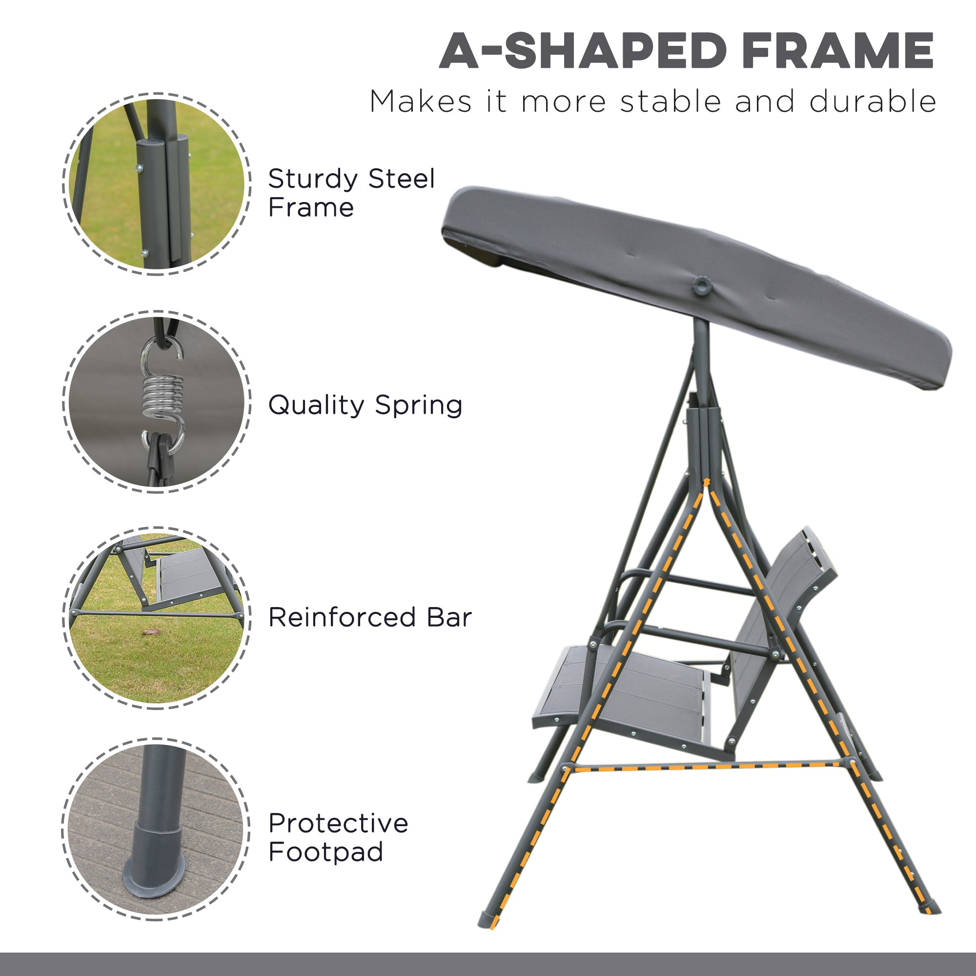 Outsunny 3-Seater Swing Chair Covered Garden Hammock A-Frame Outdoor Porch Glider Sling Seat with Adjustable Canopy Cover, Grey