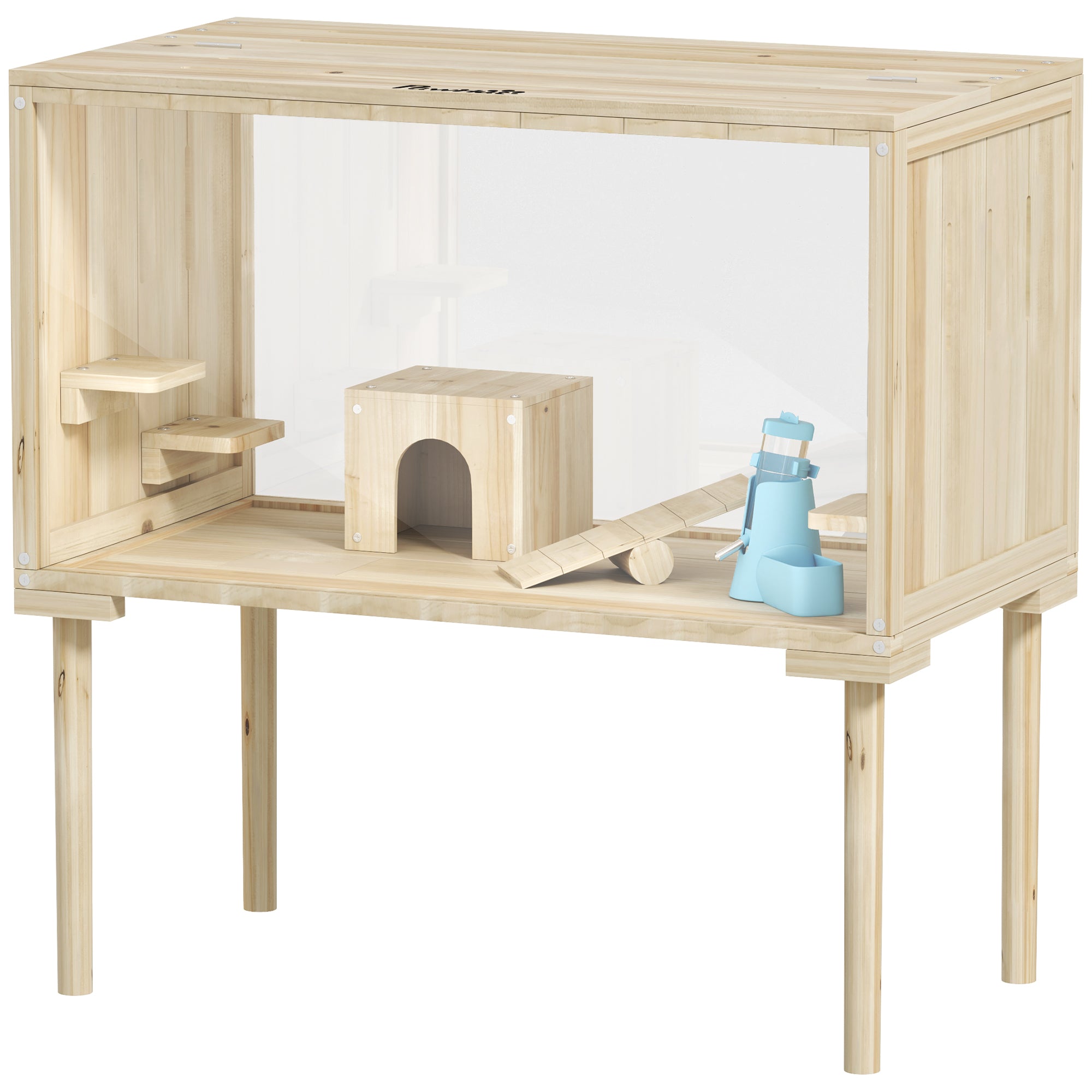 PawHut 28"L Wooden Hamster Cage with Seesaw, Water Bottle, Food Dish, Hut, Transparent Panel for Easy Observe, Nature Wood