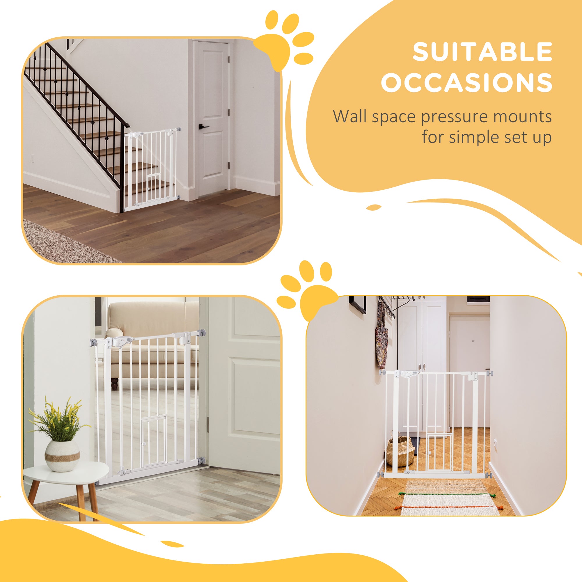 PawHut Pet Gate Extra Wide Press-Mounted with Cat Door, Auto Closing Pet Gate for Stair, Hallway, 29-32 Inch, White