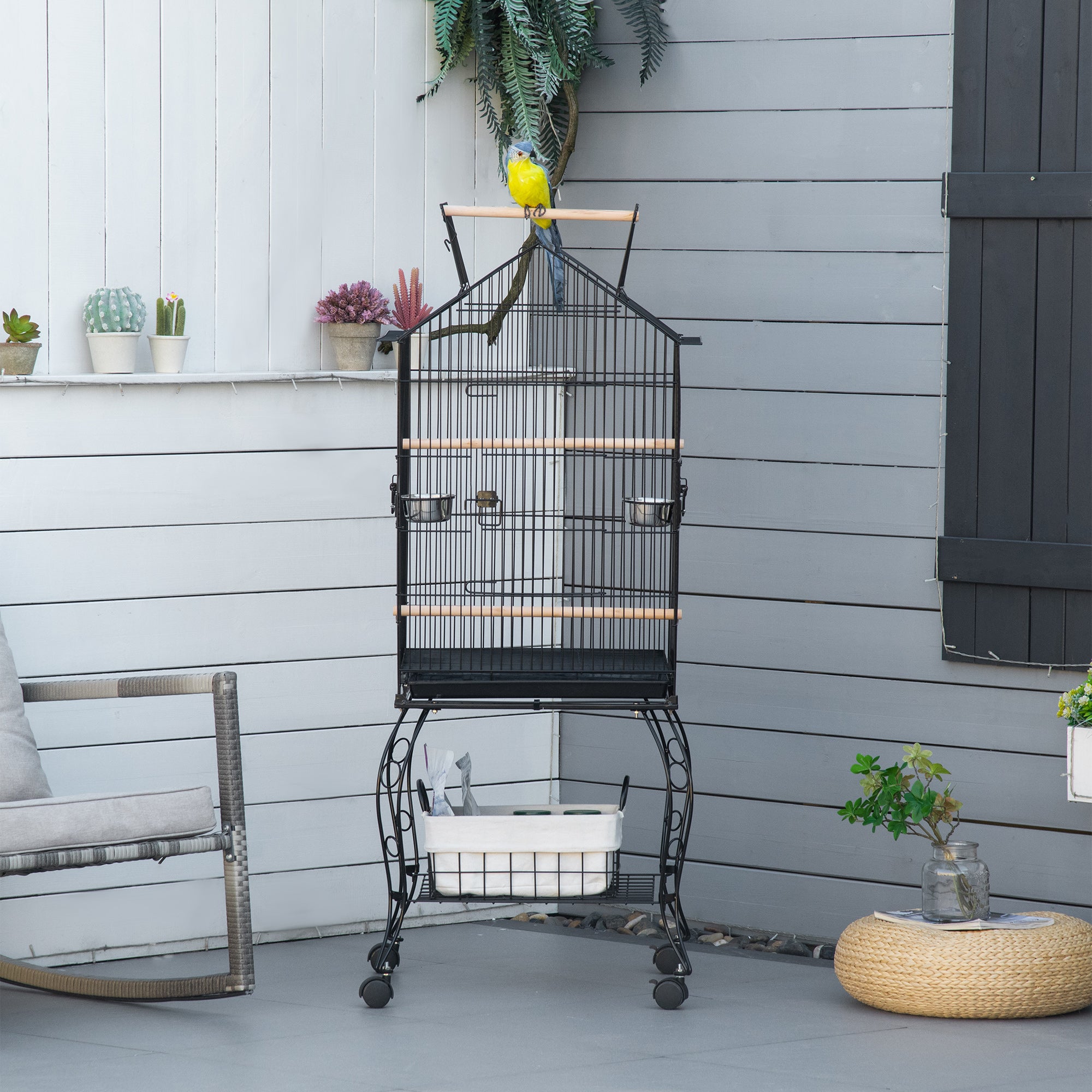 PawHut Bird Cage 57 Inch Flight Cage for Cockatiel, Conure with Rolling Stand, Pull Out Tray, Storage Shelf, Open Top