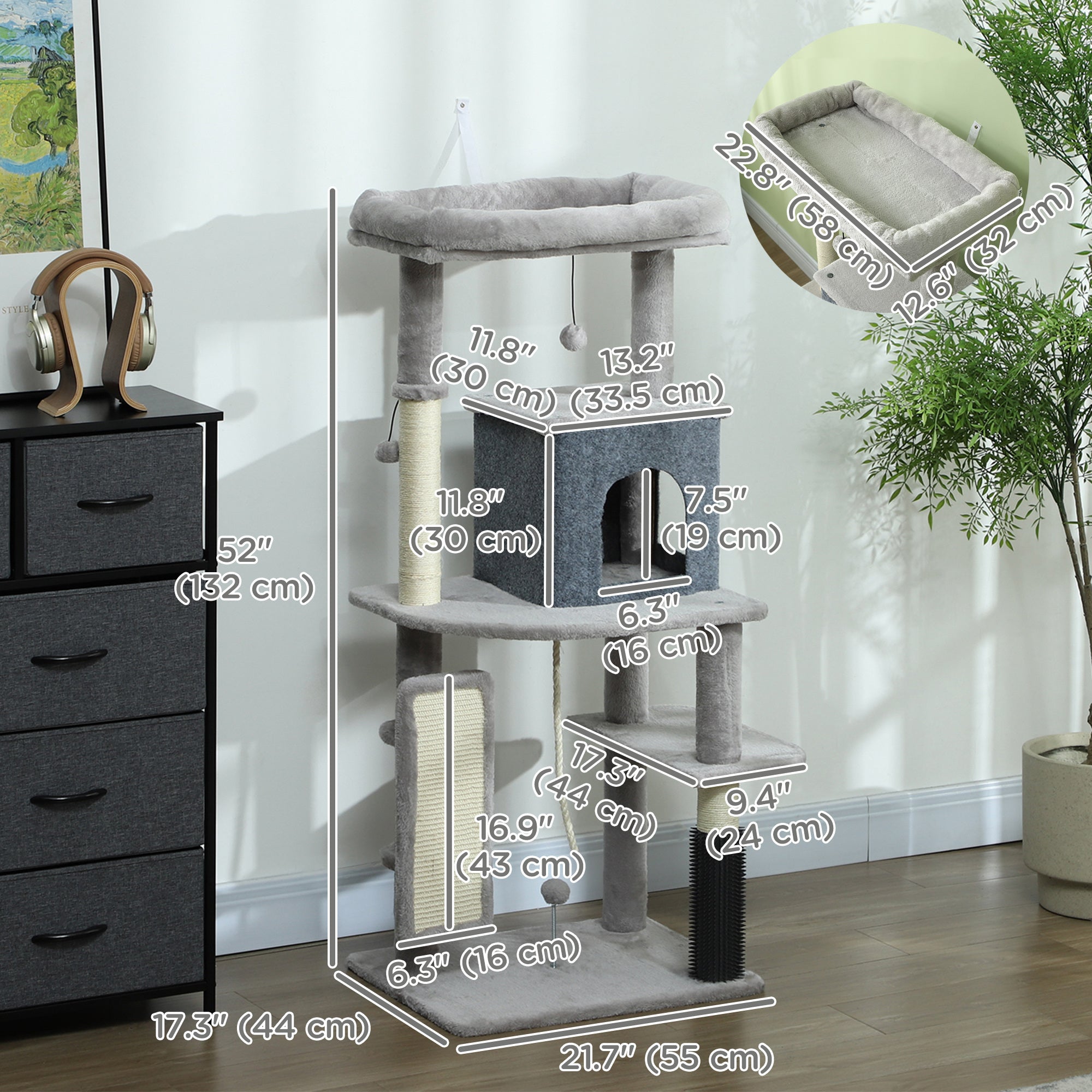 PawHut 52 Inch Cat Tree with Scratching Posts, Cat Bed, Condo, Grooming Brush, Jumping Platforms, Toy Balls, Anti-tip Kit