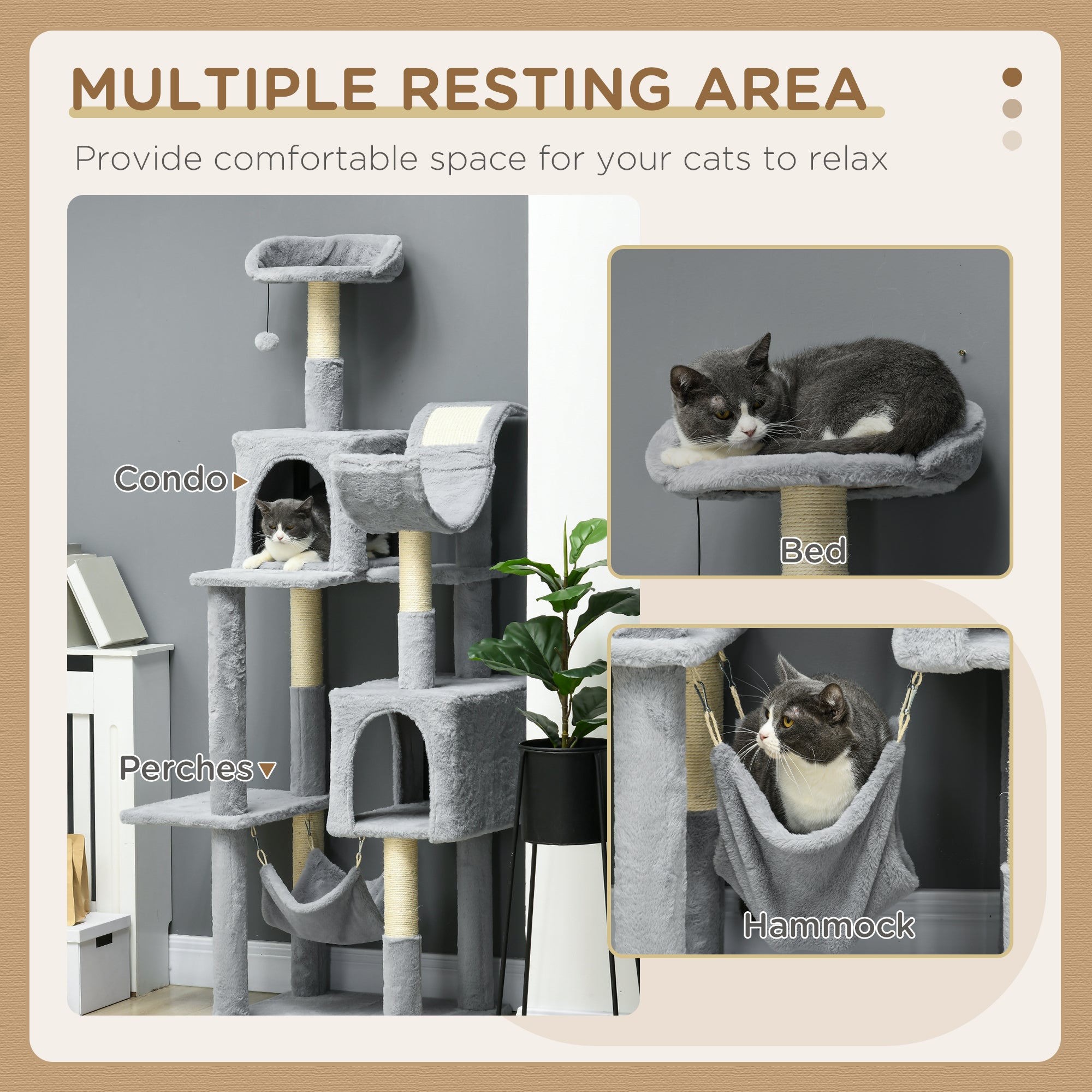 PawHut Tall Cat Tree for Indoor Cats, 70" Multi-Level Cat Tower with Hammock, Cat Bed, Cat Condo with Sisal Scratching Posts, Bluish Grey